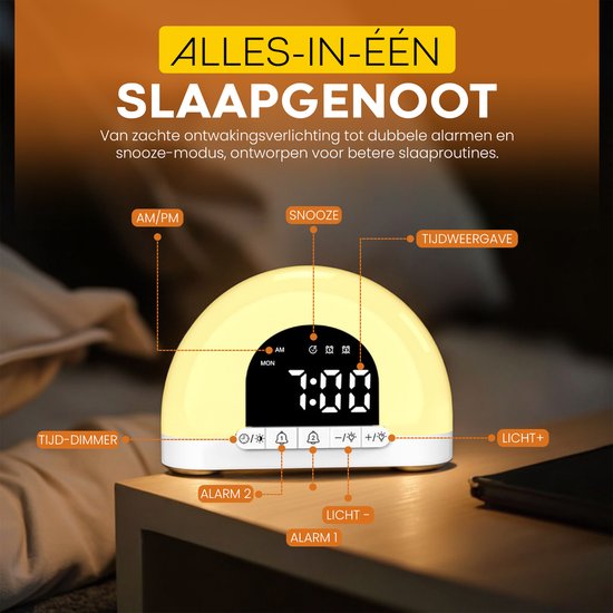 Wake-up Light Wekker – Zonsopgang Simulatie – Dubbele Alarmfunctie – Nachtlampje & Slaaptrainer – Compact Design van JD Quality — afbeelding 3