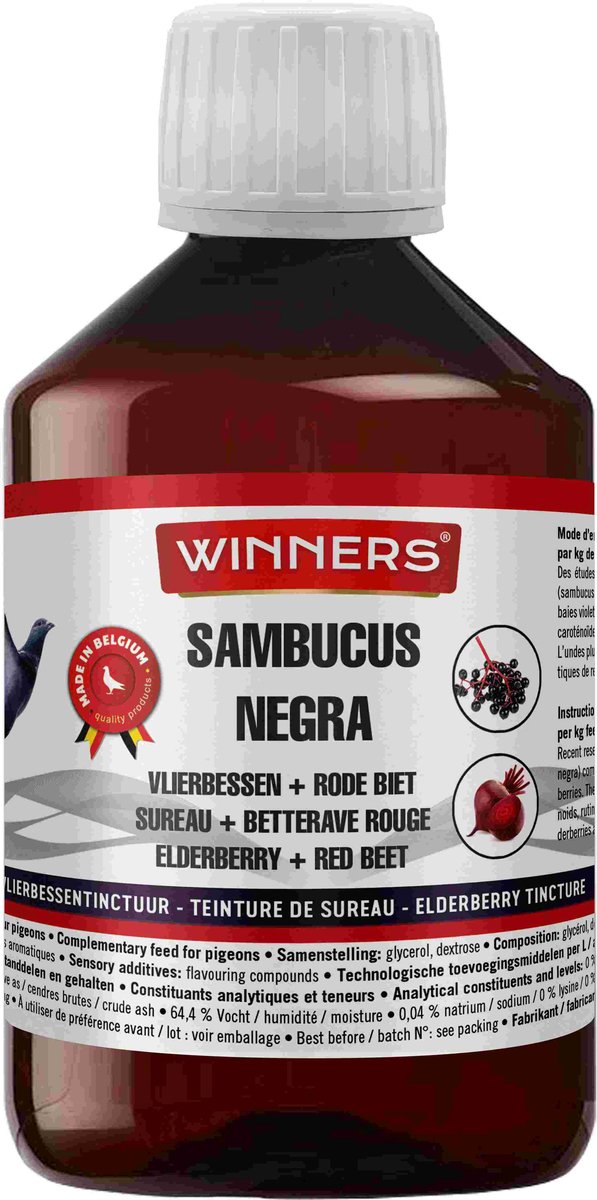 Belgian Winners Sambucus Negra 500ml - supplement voor duiven (vlierbessensiroop + rode biet) - spijsvertering, zuiverend, energie