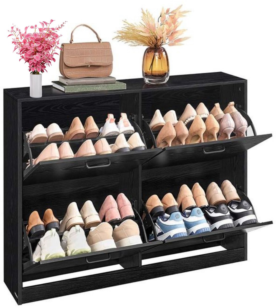Signature home Miami Schoenenkast 4 kleppen - Schoenenrek Verstelbaar voor 16-28 paar schoenen - Gang - Ebbenhout Zwart - 24 x 105,5 x 82,7 cm