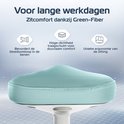 Close-up van de muntkleurige, gestructureerde zitting van een ergonomische kruk, met tekst over comfort.