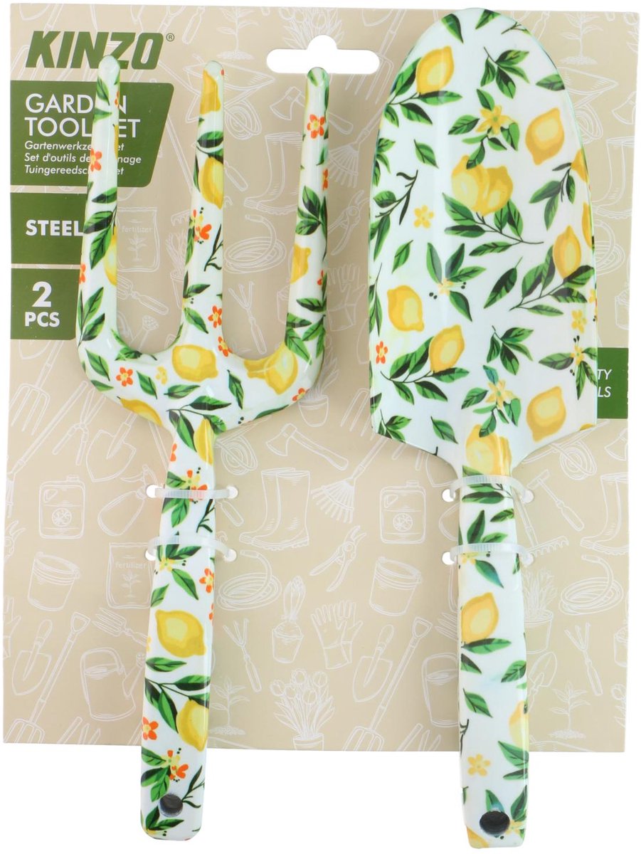 Kinzo Tuingereedschap Set 2-Delig - Tuingereedschapset met Plantschep en Handvork - Tuinschep Staal en Handvork Tuin - Decoratief Tuingereedschap Bloemenmotief