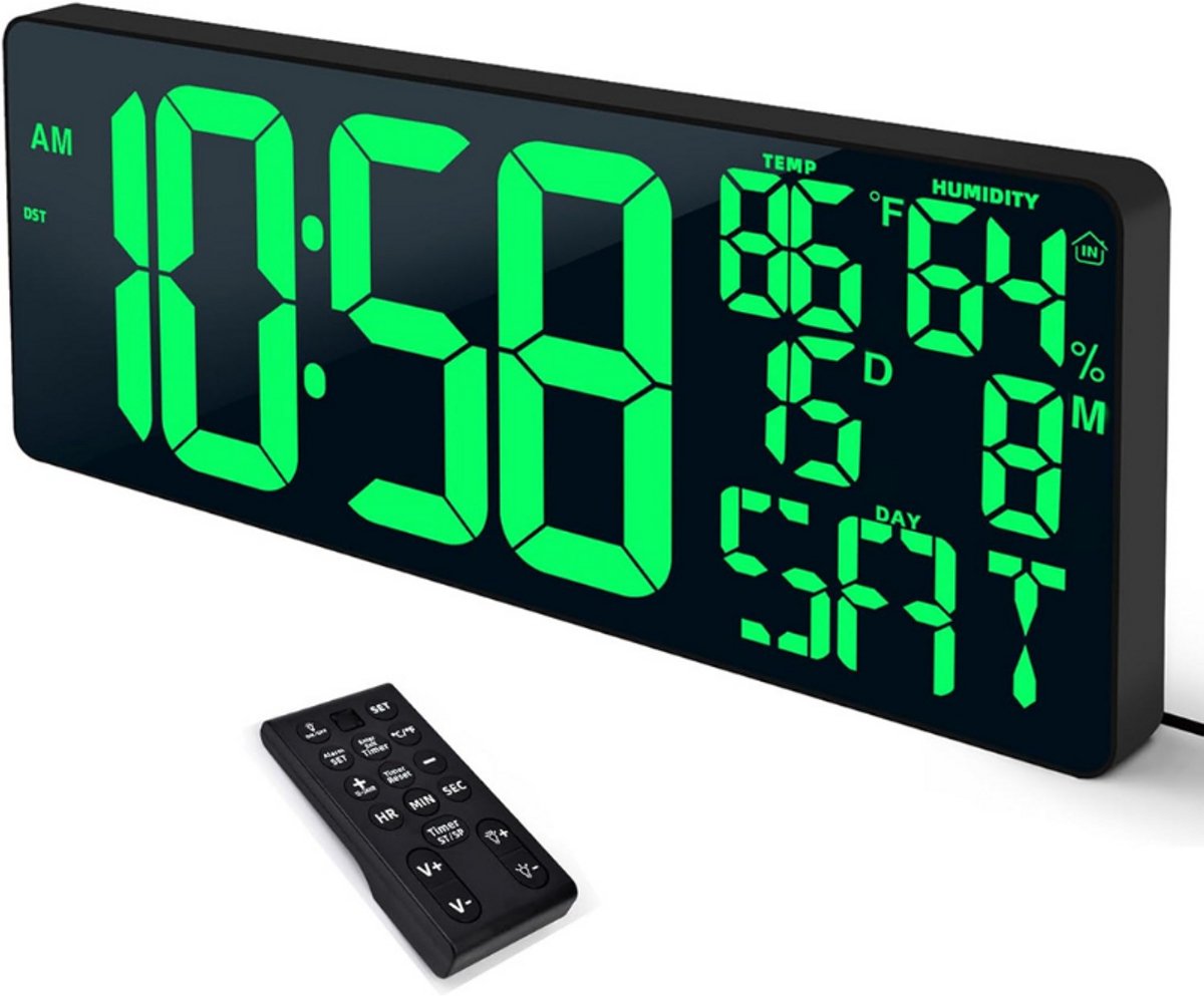 Digitale Wandklok 18 Inch Met Afstandsbediening – Automatisch Dimbare LED Klok – Groot Display Met Datum Temperatuur Week Luchtvochtigheid – Alarmfunctie – 14 Cm Hoge Cijfers – Groen