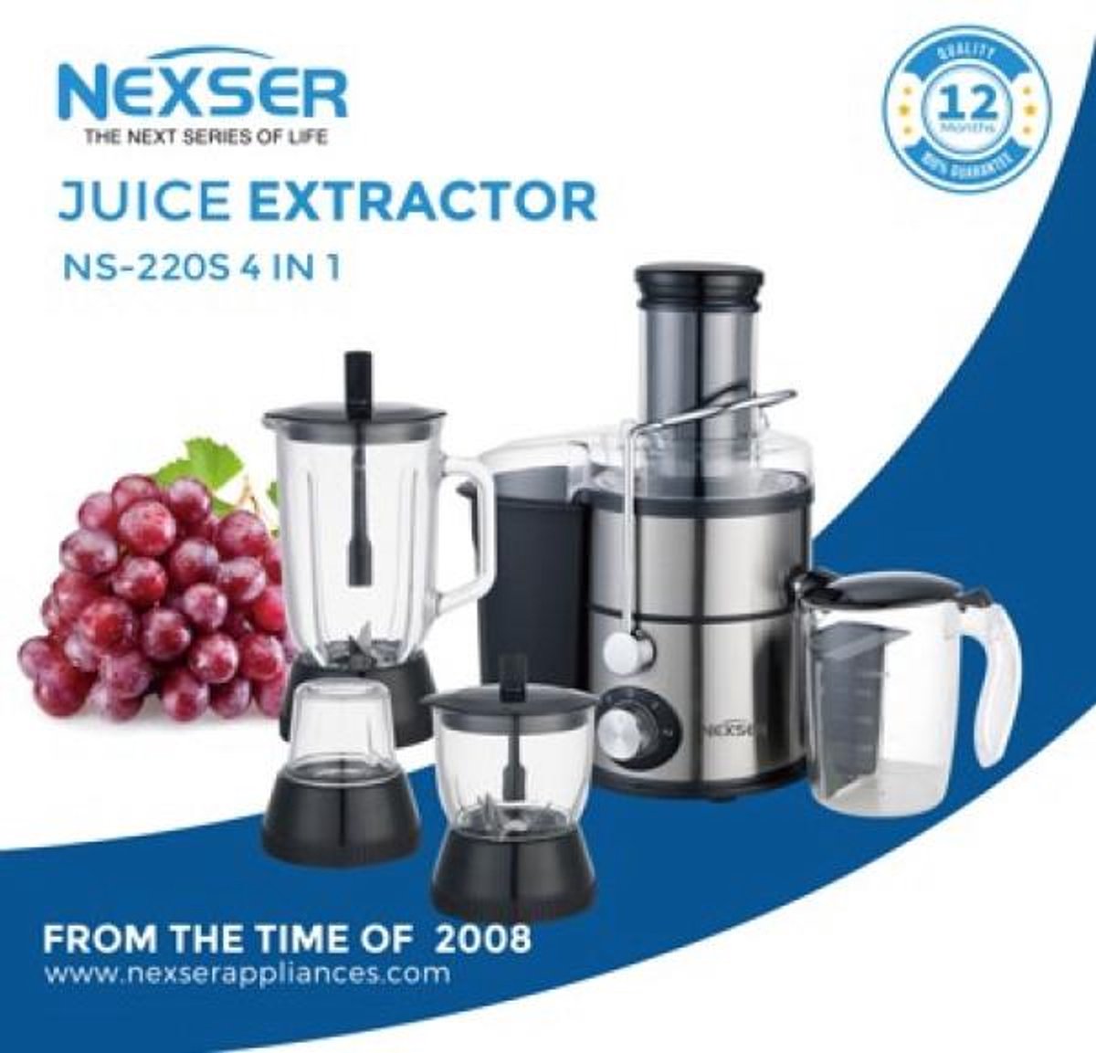 Nexser 4-in-1 Blender & Juicer – 1200W Multifunctionele