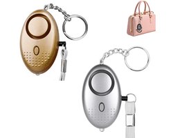 2 Stuks - 140 dB - Persoonlijke Alarm - Met LED Zaklamp En Sleutelhanger - Persoonlijk Zakalarm - Pepperspray - Paniekalarm - Anti Wolf Fluitje - Sleutelhanger - Voor Vrouwen, Meisjes En Ouderen - Verjagen/Afschrikken/Zelfverdediging - Goud & Zilver