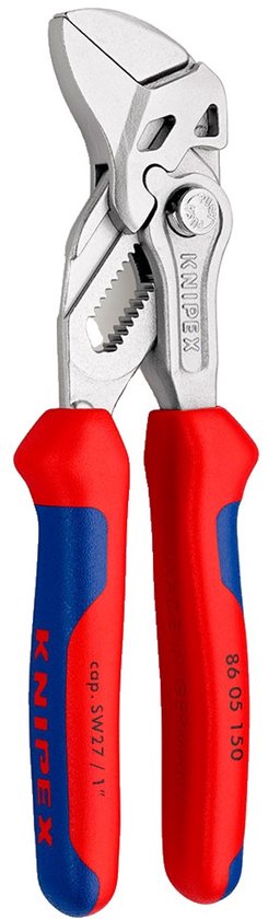 Knipex 86 05 150 grijptang met rode en blauwe handvatten.