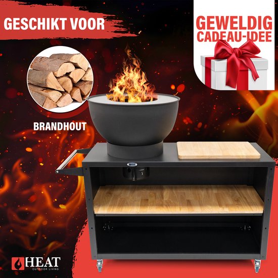 HEAT Buitenkeuken Trolley Zwart - Vuurschaal 60 cm - Mobiele BBQ & Plancha met Snijplank - 117x46x106 cm van HEAT — afbeelding 5