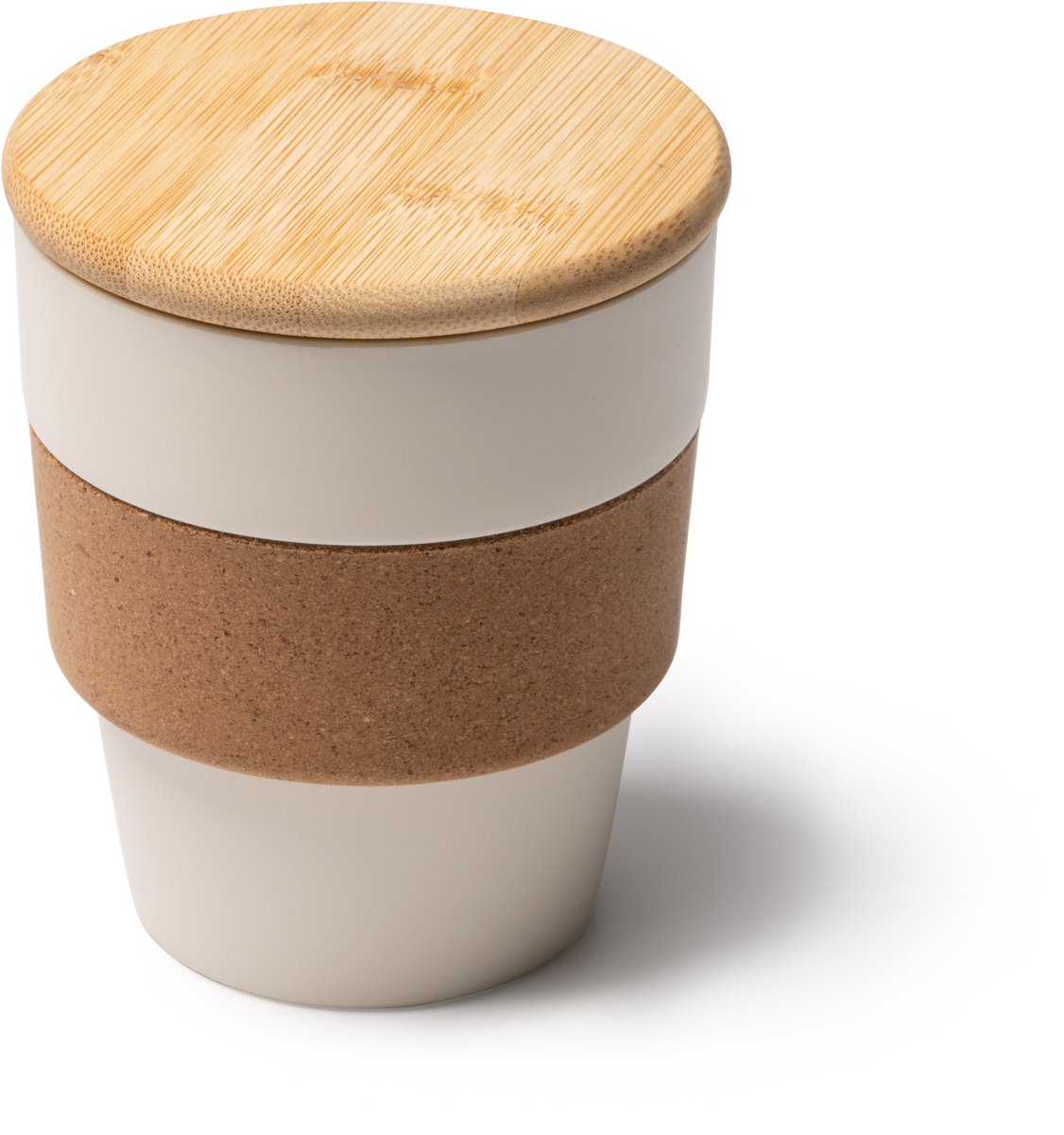 2 stuks beige PP beker 350 ml met kurkband en bamboe deksel model Lovren