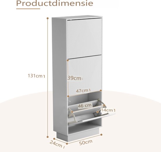 Witte schoenenkast met 3 kleppen, hoogte 131cm, breedte 50cm, diepte 24cm. Lijnpatroon op bovenste kleppen.