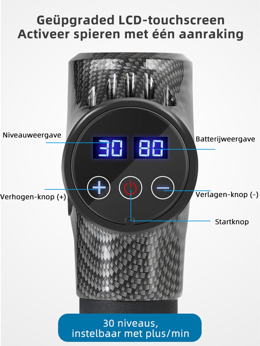Afbeelding 2 van Gloovon - Massage Gun - Massage Pistool Inclusief Koffer - 6 Opzetstukken - 16 mm Dieptemassage - 30 snelheden - Stille - Massageapparaten - Koolstofvezelkleur