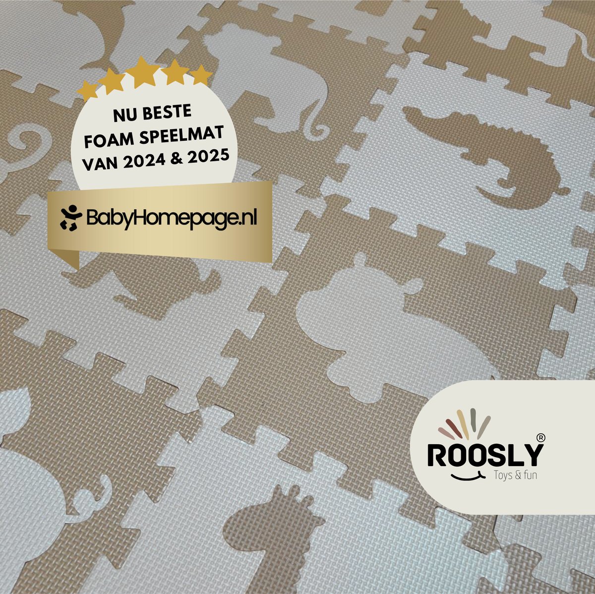 Roosly Speelmat Baby - Speelkleed Baby - babygym - kruipmat - playmat - Foam vloerpuzzel 145 x 145 cm - Opstaande Rand - Inclusief Opbergtas - speelgoed - Veilig & Zacht - Beige thumbnail 2