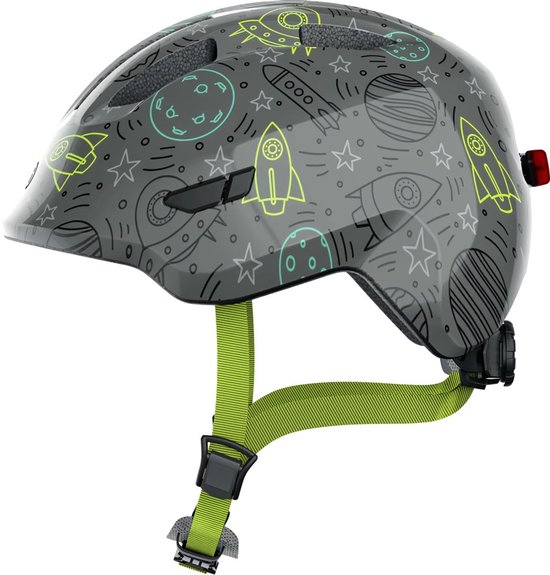 ABUS kinderhelm Smiley 3.0 LED - fietshelm met licht - diepe pasvorm & ruimte voor een vlecht - voor meisjes en jongens - grijs met ruimtepatroon, maat M