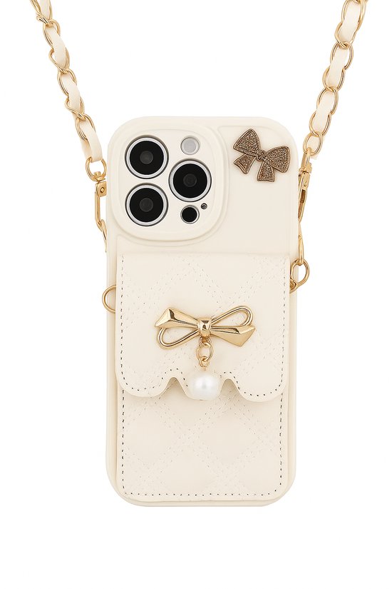 Étui de téléphone blanc de Luxe avec cordon, compatible avec iPhone 12 Pro - étui crème orné d'un nœud doré et d'une bandoulière en perles - design matelassé - pour femme - avec compartiment de rangement et porte-cartes