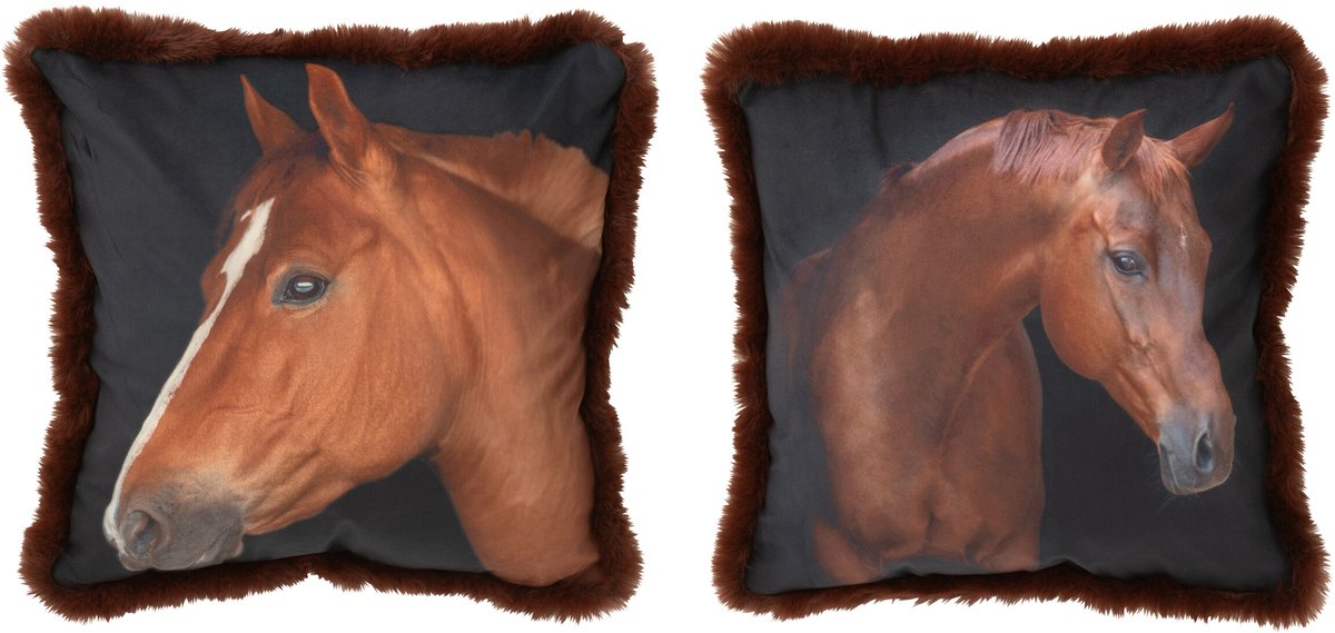 J-Line kussen Paard - polyester - bruin - small - 2 stuks