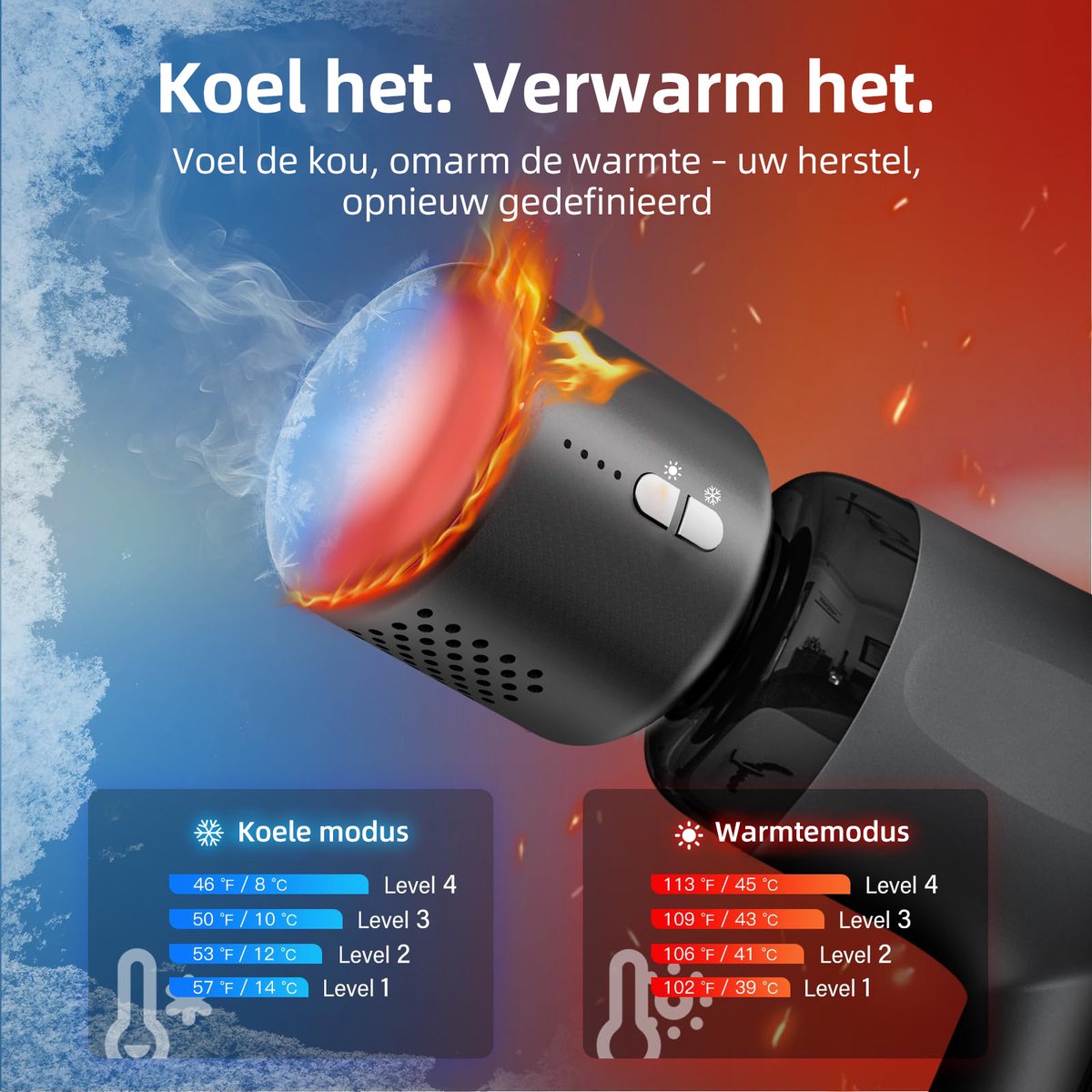 Afbeelding 2 van Gloovon Massage Gun - Professioneel Massage Apparaat - Massage Pistool - Hot/Cold Massagekop - 12 mm Dieptemassage - 6 Opzetstukken - Zwart