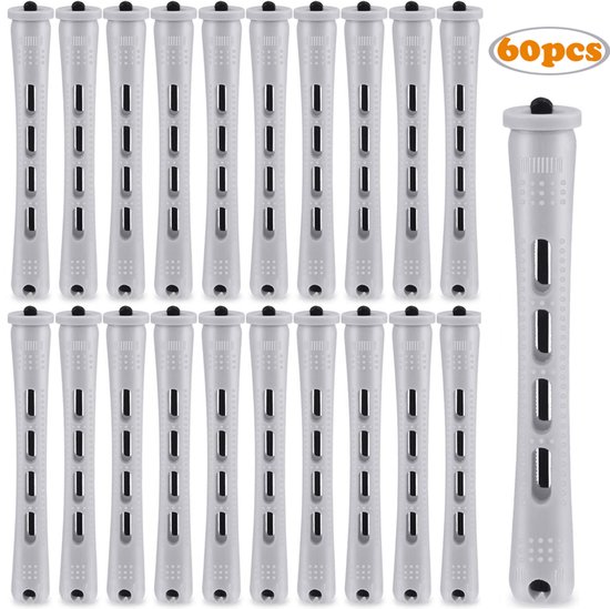 Een set van 60 grijze plastic haarrollers, elk met een rubberen band en opvouwbare dop.
