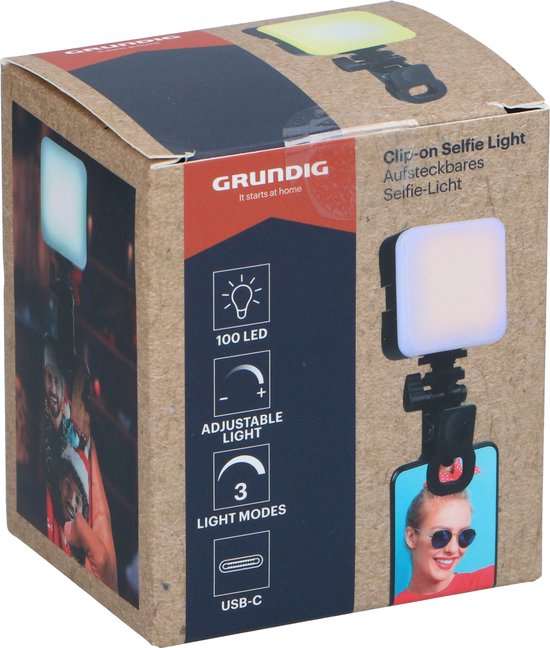 Grundig Clip‑on Selfie Lamp – 100 LED – 3 Lichtmodi – USB‑C Aansluiting – Verstelbare Clip – Compact Ontwerp
