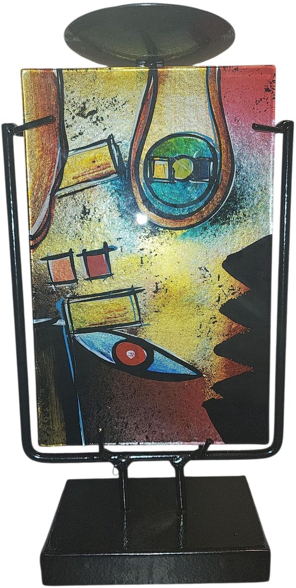Decoratieve glazen kandelaar happiness - 14x13x24 cm - Multicolor - Glas en metaal - Zonder kaars