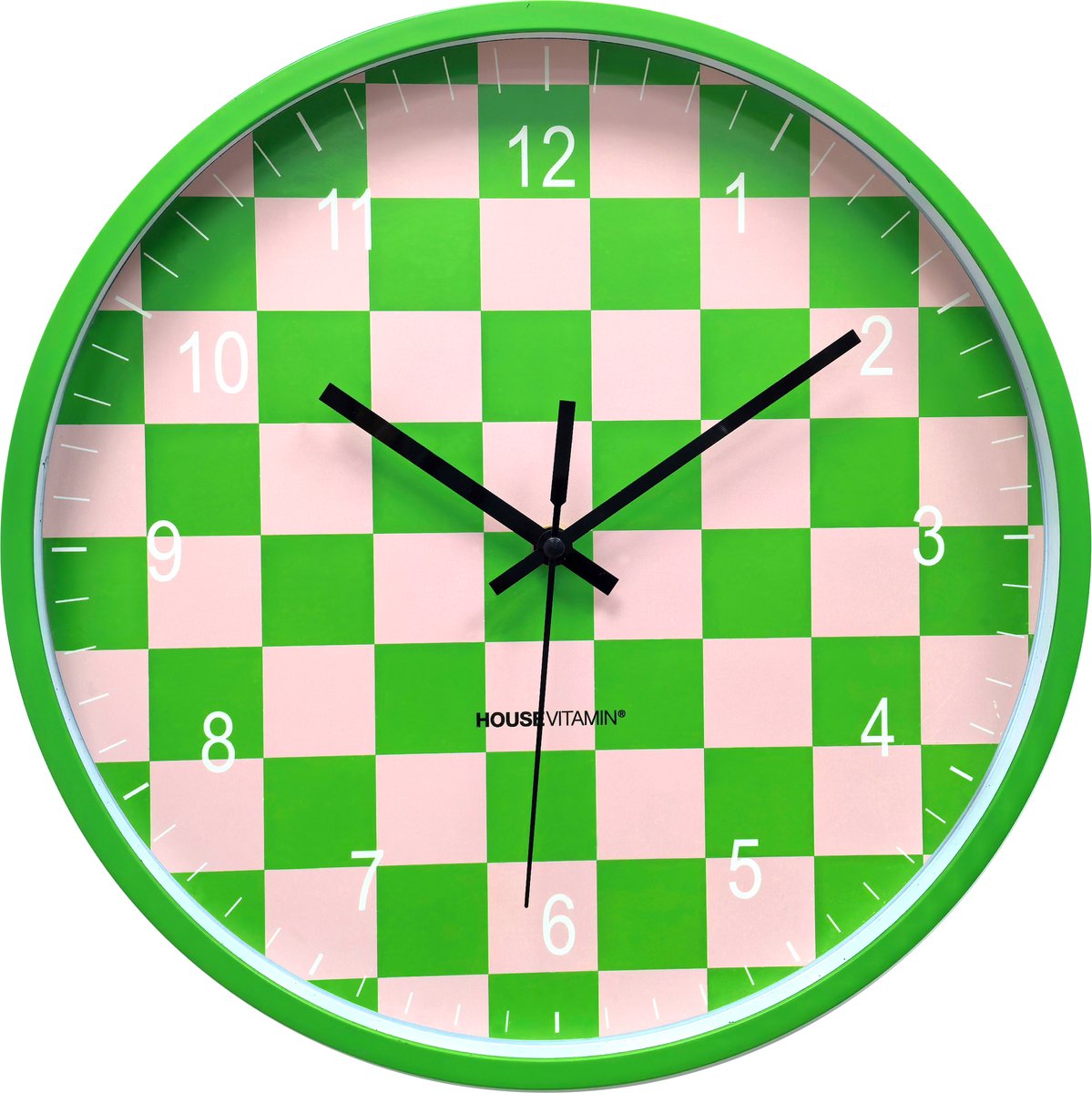 Housevitamin- Klok - Wandklok - Geblokt Patroon - Groen/Roze - 34x34x4cm