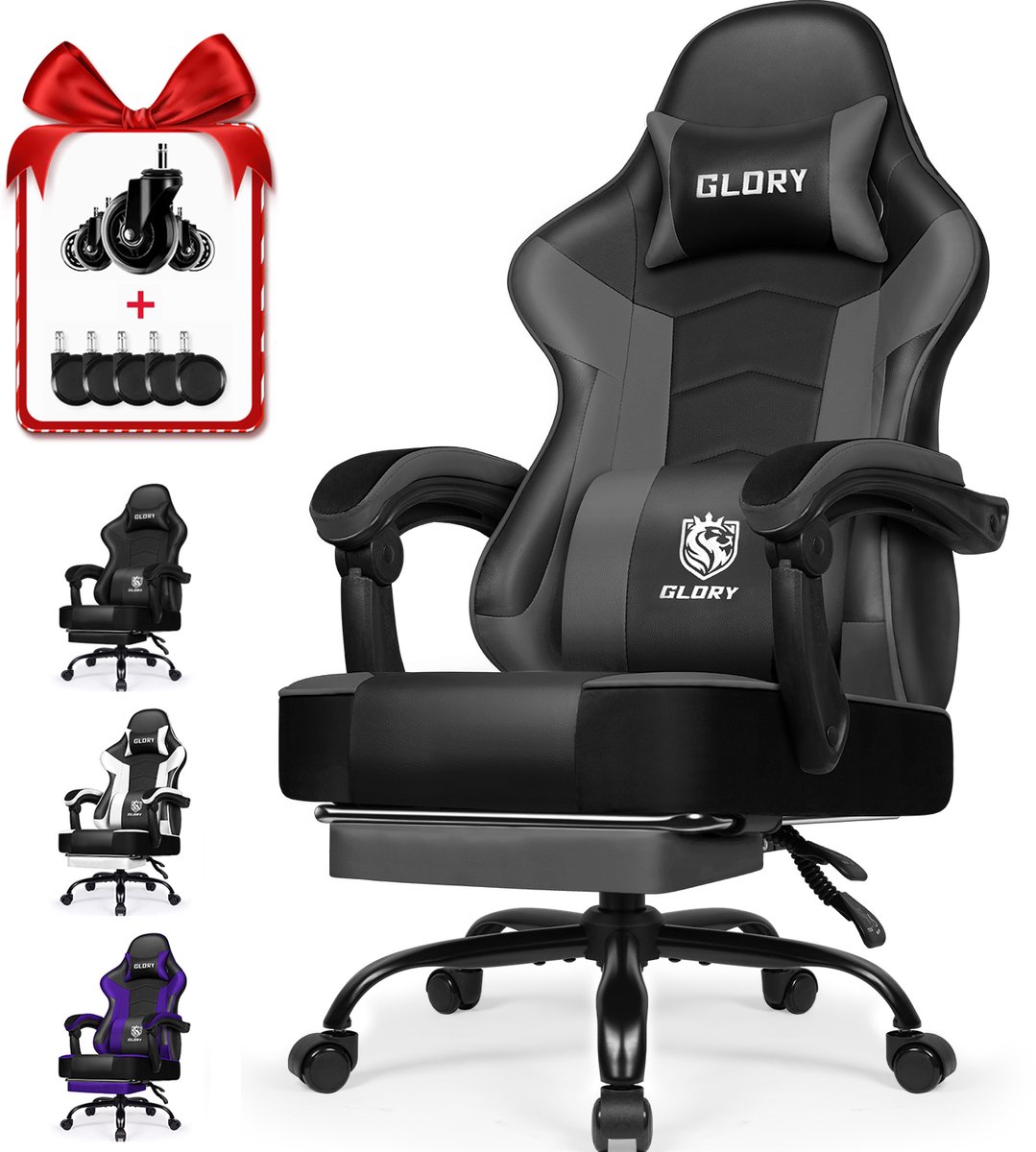 Hiaonyx Gaming Stoel - 170° Verstelbare Rugleuning - Inklapbare Voetsteun - Met stille wielen - Grijs