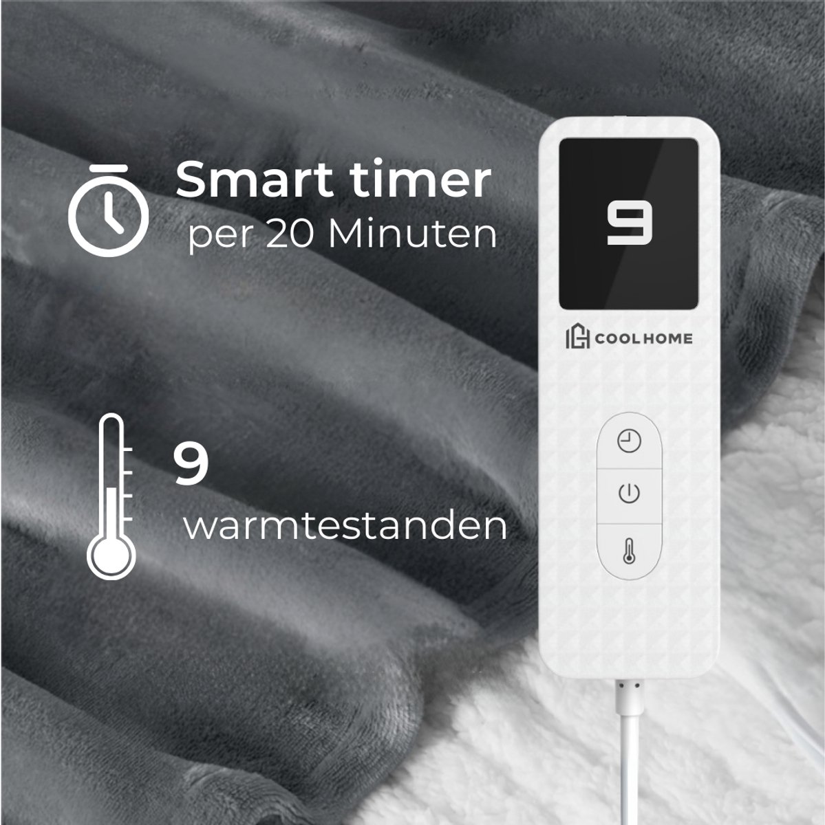 Afbeelding 3 van CoolHome Elektrisch Warmtedeken HB25 - Elektrische deken met 9 warmtestanden - Flanel & Fleece - Afstandsbediening - Wasbaar - 130x180 cm - Donker Grijs