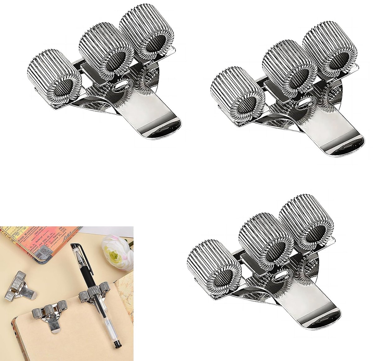 3 Stuks Pen Loop - Metalen Penhouder met Zakclip - Voor Boeken, Kleding, Thuis, Kantoor en Whiteboards - Zilver (Drie Gaten)