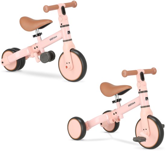 Twee roze Deryan loopfietsen, één als tweewieler en één als driewieler.