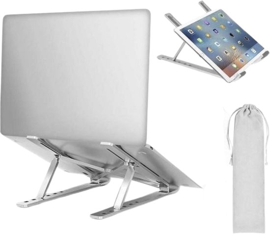 Zilveren laptopstandaard met laptop en tablet, plus een opbergzakje.
