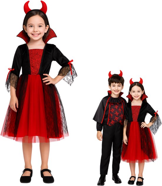 Joya Kids® | Vampier Verkleedjurk Meisje met Duivelsoren | Halloween Jurk Kind | Verkleedkleding Meisje | Kinderkostuum Vampier | Duivelspak Kind | Zwart Rood | Maat 120