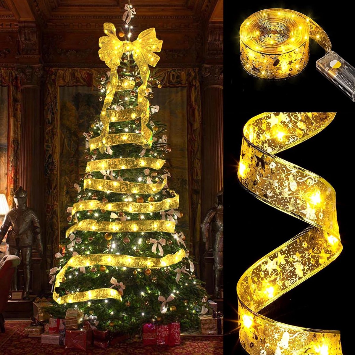 Daity Christmas Tree Decorations String Lights - 32.8ft 100 LED Lights - Copper Wire Ribbon Bows Lights for Party Weddings Holiday Christmas Decorations Indoor (Gold)