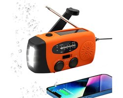 Noodradio - Noodradio Opwindbaar - 2000 mAh - Noodradio Solar Opwindbaar - Oplaadbaar & Op Batterijen - Powerbank - Solar - Zaklamp - Voor Rampen/Camping - Handmatige Crank - Oranje