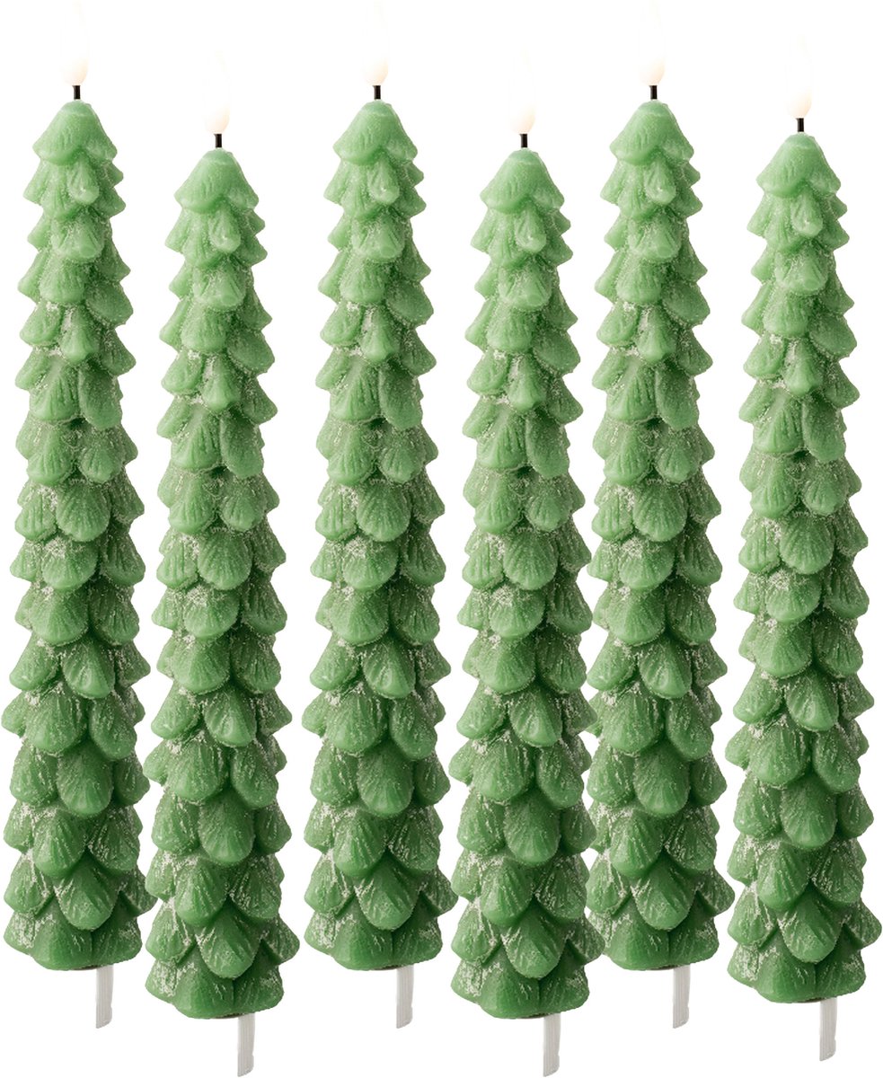 Lumineo LED kerstboom dinerkaars - 6x - groen - 29 cm - batterijen - timer - kerstdiner kaars - kaarsen - kerstkaarsen kerstdiner