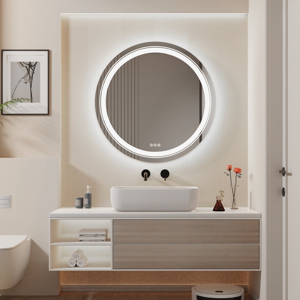 LUVODI LED badkamerspiegel rond - 600mm dimbare verlichte wandspiegel - frontale verlichting + verlichte cirkel - 3 kleuren verlichting - demonteerbaar - Smart Button - voor make-up scheren