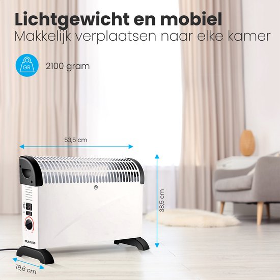 Auronic Elektrische Convectorkachel - 3 Warmtestanden Met Ventilator - 750/1250/2000 Watt - Regelbare Thermostaat - Ventilatorkachel - Oververhittingsbescherming - Wit