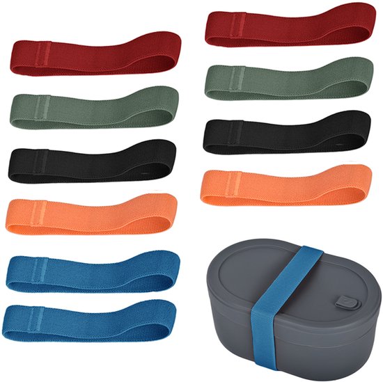 Een assortiment van tien elastische banden in verschillende kleuren, plus een grijze lunchbox met een blauwe band.