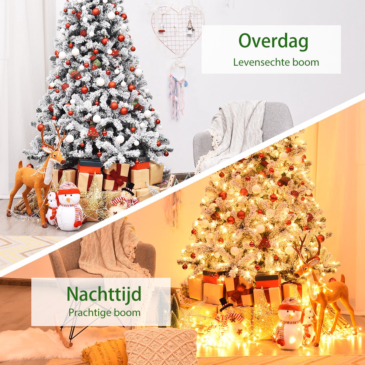 COSTWAY 225 cm Kunstkerstboom met verlichting - Realistische Kunststof Kerstboom met sneeuw - Kerstmis Kerstboom - PVC 1010 takken & 450 LEDs -wit en groen – foto 5
