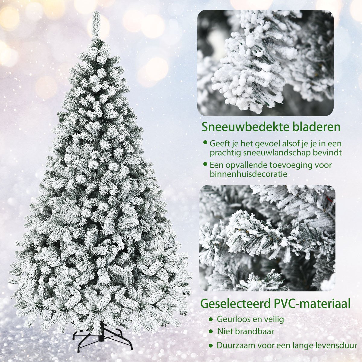 COSTWAY 225 cm Kunstkerstboom met verlichting - Realistische Kunststof Kerstboom met sneeuw - Kerstmis Kerstboom - PVC 1010 takken & 450 LEDs -wit en groen – foto 7
