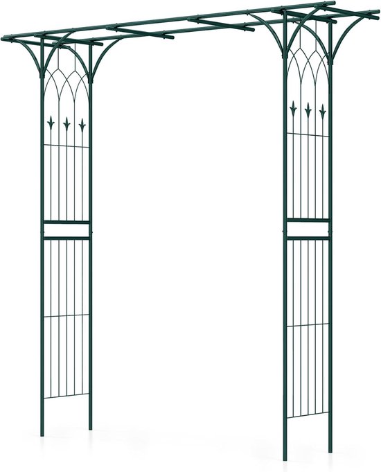 Donkergroene metalen tuinboog met decoratieve bogen en verticale spijlen.