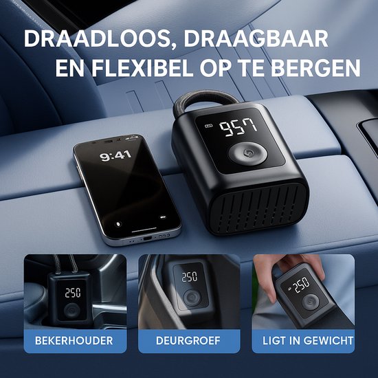 SoNis Elektrische Fietspomp - Luchtcompressor - voor Fiets, Scooter, Motor en Auto - Elektrische Bandenpomp - Oplaadbaar & Draagbaar - Bandenpomp - Compressor - Tot 10.3 Bar - Incl. Opbergzakje en Powerbankfunctie van SoNis — afbeelding 3