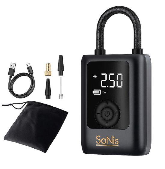 SoNis Elektrische Fietspomp - Luchtcompressor - voor Fiets, Scooter, Motor en Auto - Elektrische Bandenpomp - Oplaadbaar & Draagbaar - Bandenpomp - Compressor - Tot 10.3 Bar - Incl. Opbergzakje en Powerbankfunctie van SoNis — afbeelding 2