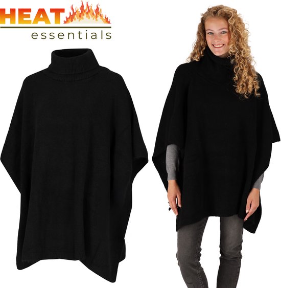 Heat Essentials - Poncho - Poncho Châle Femme - Zwart - Poncho Femme Tricoté avec Col Roulé