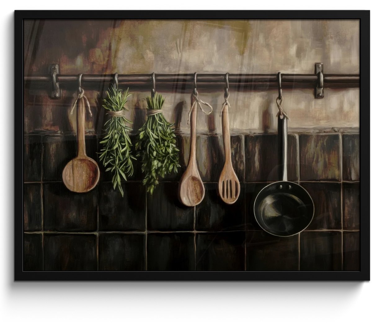 FrameYourWall Poster in lijst - Fotolijst 80x60 cm - Posters - Keukengerei - Rustiek - Tegels - Kruiden - Posterlijst zwart - Decoratie - Wanddecoratie woonkamer - Muurdecoratie slaapkamer Keukengerei - Stilleven