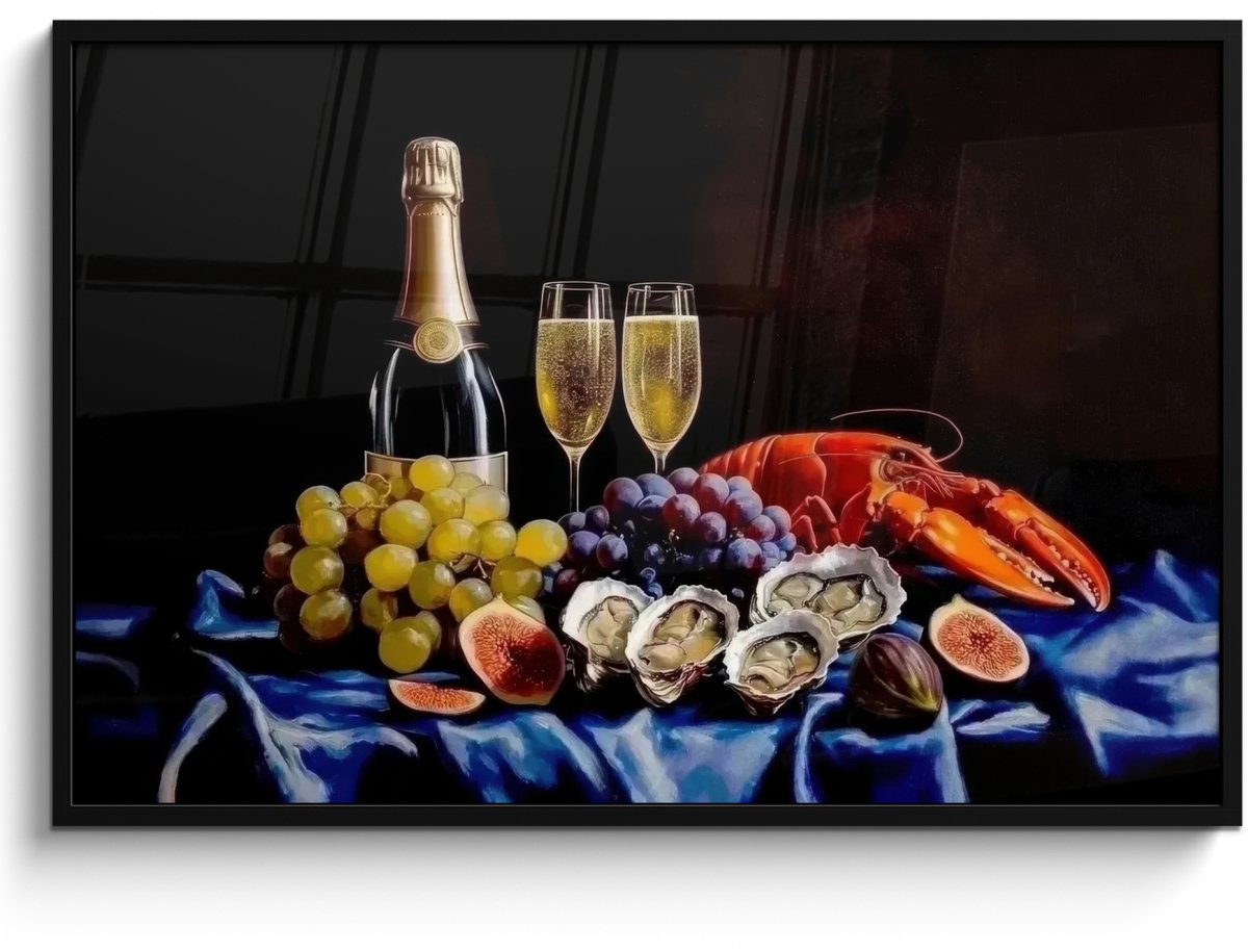 FrameYourWall Poster in lijst - Fotolijst 120x80 cm - Posters - Champagne - Luxe - Oesters - Posterlijst zwart - Decoratie - Wanddecoratie woonkamer - Muurdecoratie slaapkamer Champagne - Stilleven