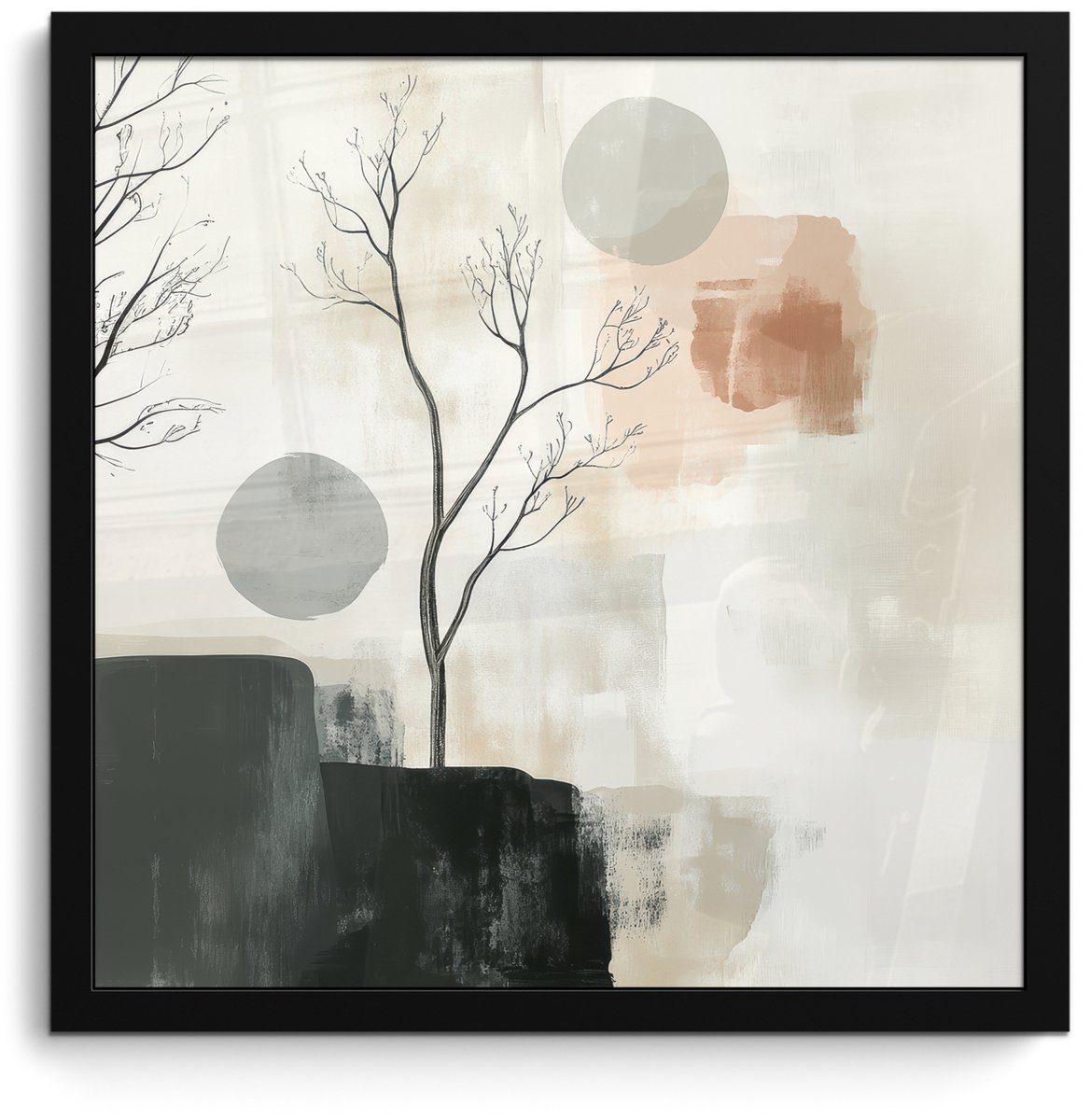 FrameYourWall Poster in lijst - Fotolijst 40x40 cm - Posters - Wabi sabi - Beige - Plant - Posterlijst zwart - Decoratie - Wanddecoratie woonkamer - Muurdecoratie slaapkamer Japandi - Natuur