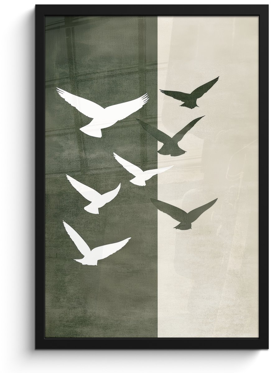 FrameYourWall Poster in lijst - Fotolijst 40x60 cm - Posters - Japandi - Vogel - Groen - Posterlijst zwart - Decoratie - Wanddecoratie woonkamer - Muurdecoratie slaapkamer Vogels