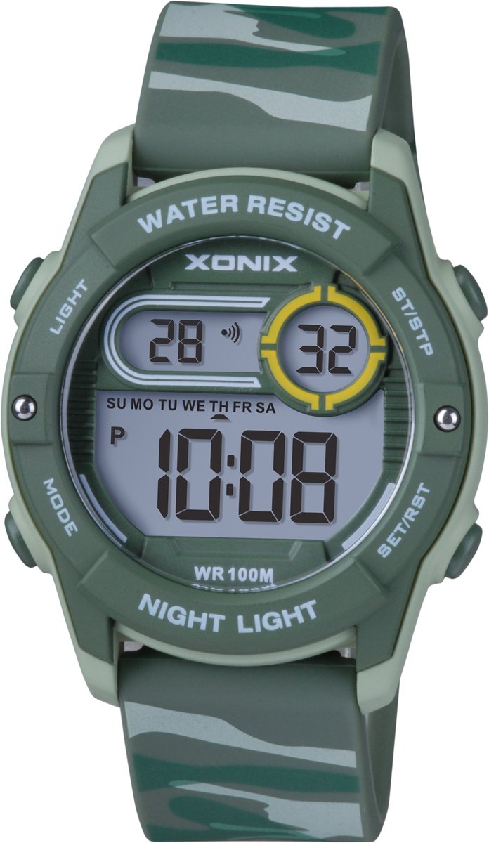 Xonix-herenhorloge-jongens-camouflage print-model-baz-a05-100 meter waterdicht-stopwatch-alarm-licht-2 tijden-datum-diameter 36 mm