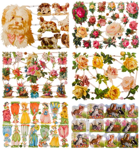Een vel met diverse bloemen, vlinders en vogels, in verschillende formaten en kleuren.