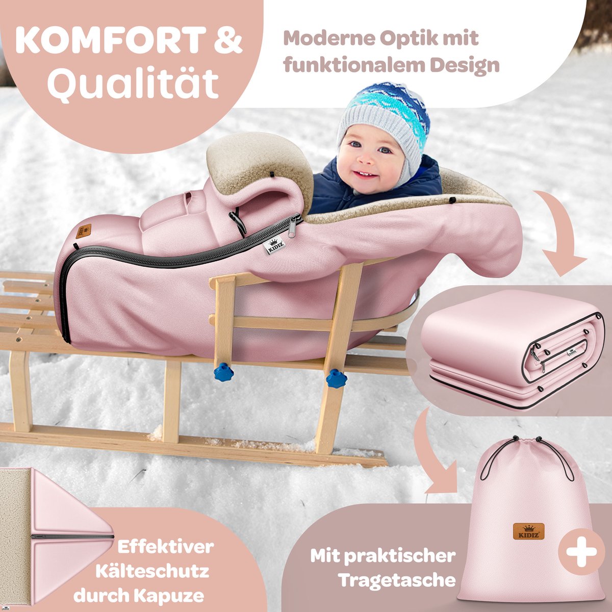 KIDIZ® Voetenzak voor Autostoeltje en Buggy met Ritssluiting - Baby Slaapzak Deken voor Maxi-Cosi & Wandelwagen / Kinderwagen - Roségoud – foto 4