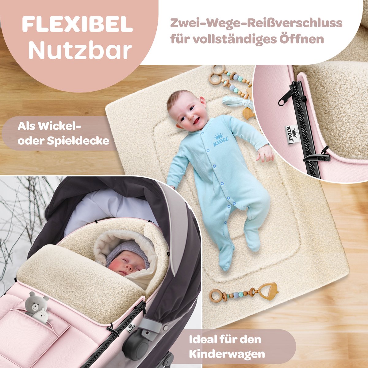 KIDIZ® Voetenzak voor Autostoeltje en Buggy met Ritssluiting - Baby Slaapzak Deken voor Maxi-Cosi & Wandelwagen / Kinderwagen - Roségoud – foto 5