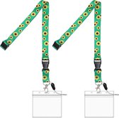2 Groene Zonnebloem Lanyards - Zonnebloempatroon - Transparante Kaarthouder Afmetingen 9,5 × 8 cm - Lengte Zonnebloem Lanyard 52 cm - Geschikt voor school, bedrijfsevenementen, beurzen en medewerkerspassen