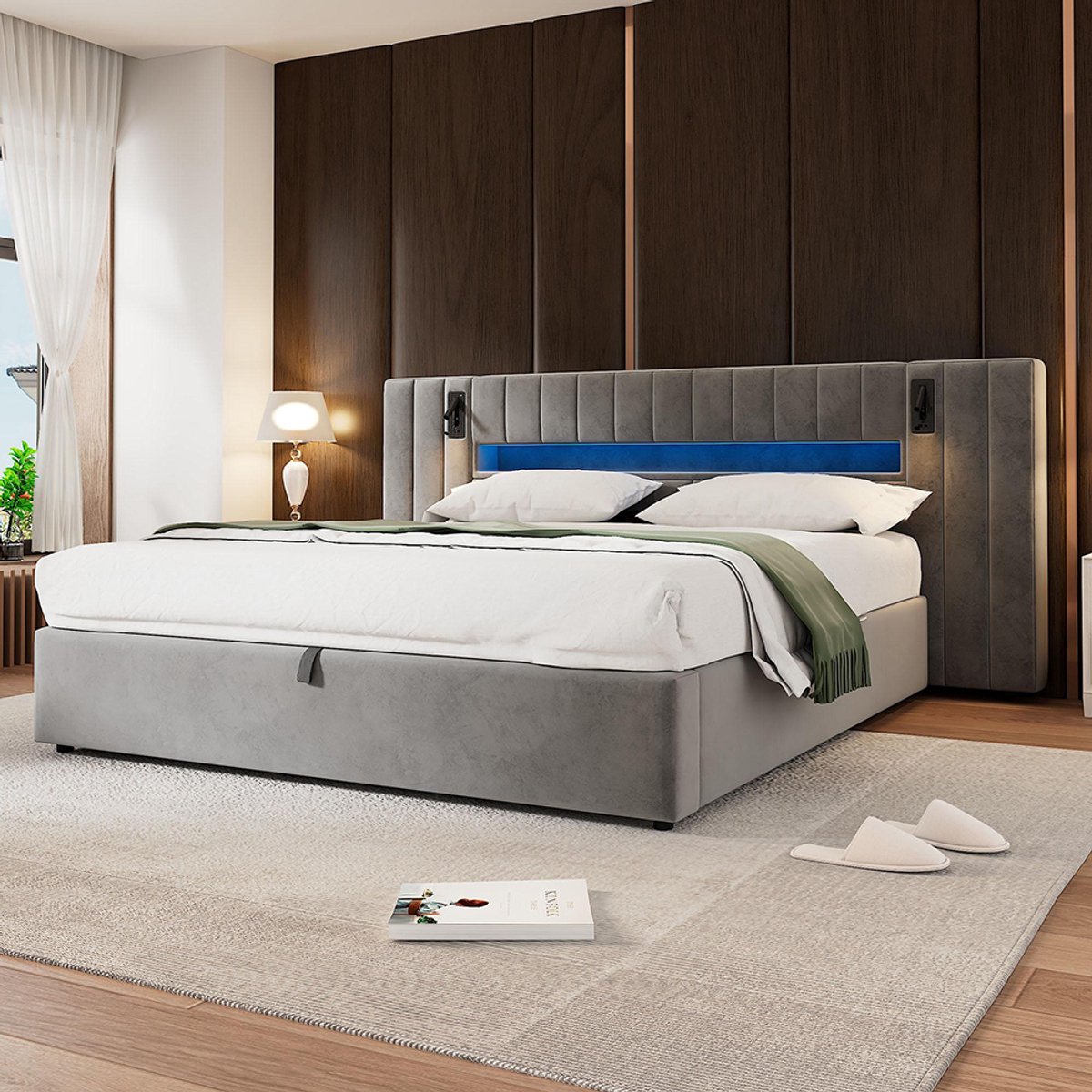 BLACKCOLORS Bedframe 180 x 200 cm met USB-poort, gestoffeerd bed, tweepersoonsbed, bed met opbergruimte, functioneel bed, met ledverlichting, met bedlampje, met opbergruimte, zonder matras, fluweel, grijs